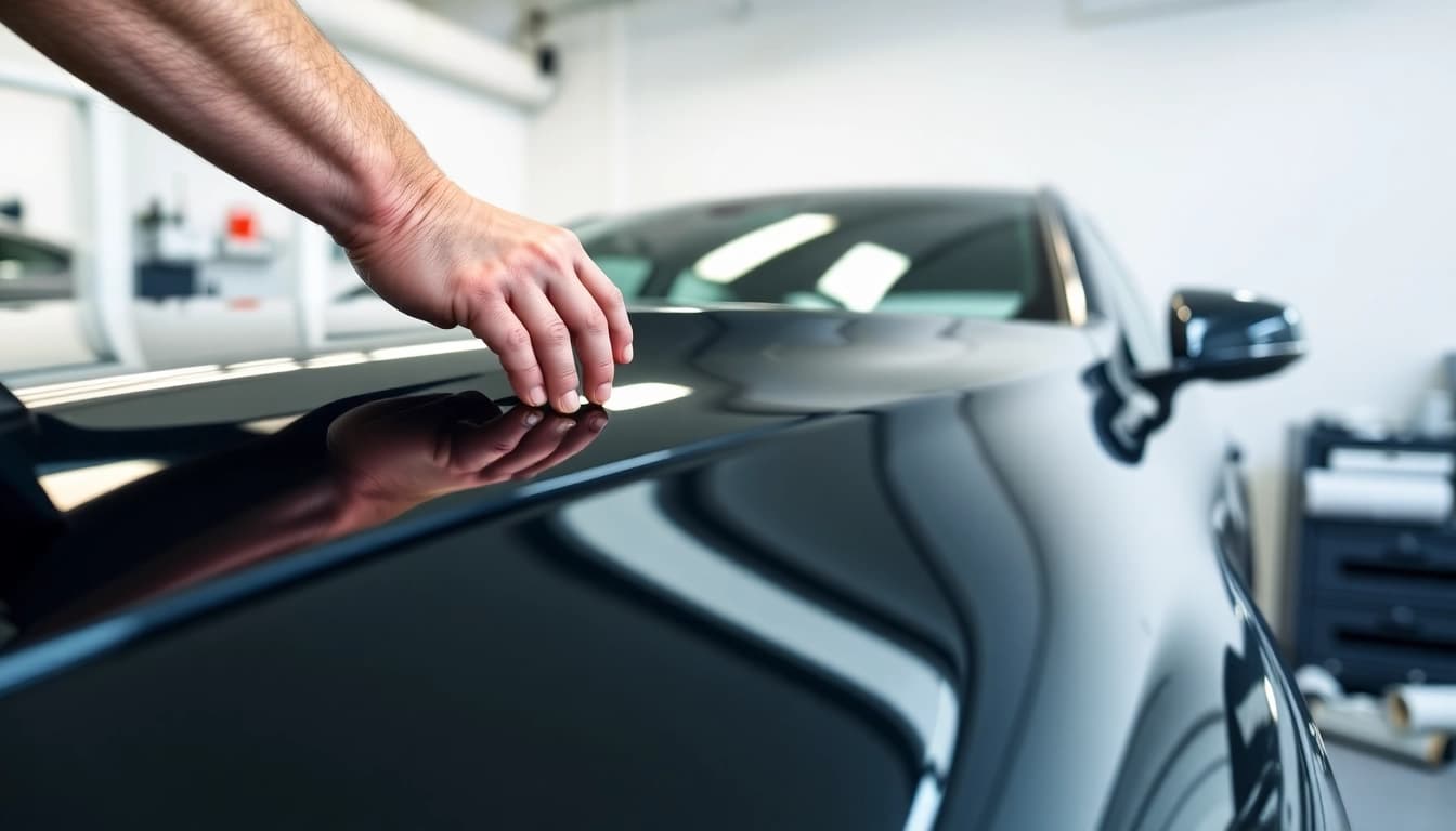 Applying paint protection film near me to a car in a clean garage environment