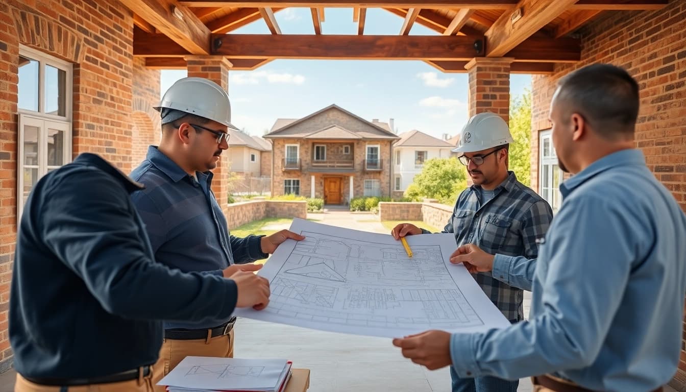 Experience colonial home construction with architects collaborating over blueprints in a vibrant neighborhood.