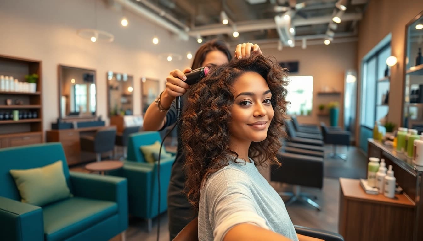 Perm san diego: A hairstylist applying a perm in a modern salon with Aveda products.