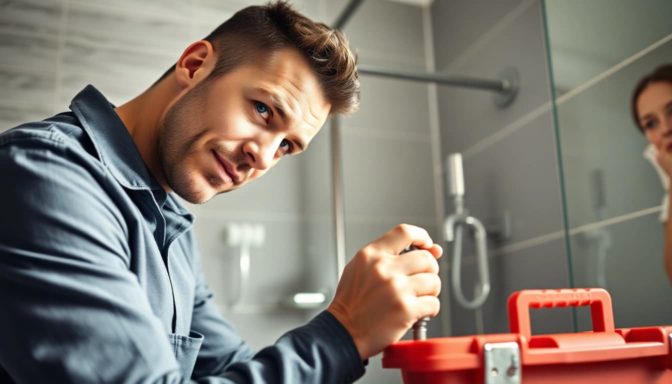 Plumber near me repairing a bathroom pipe in a modern setting with a focused expression.