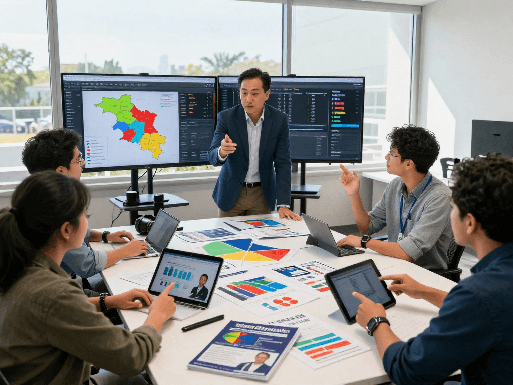 Strategist analyzing down ballot campaign marketing data in a modern office.