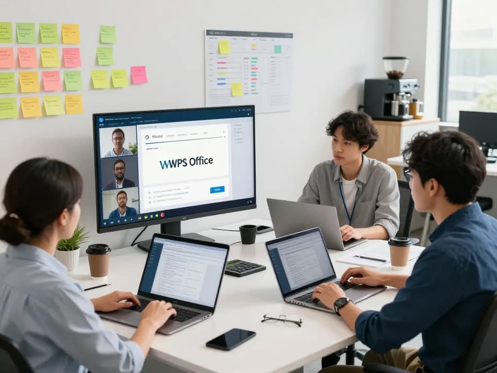 Team collaborating using WPS官网 in a modern office setting, showcasing productivity and teamwork.