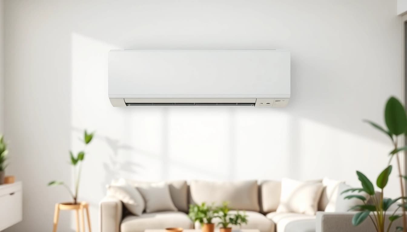 Mitsubishi mini split AC elegantly installed in a modern living room setting.