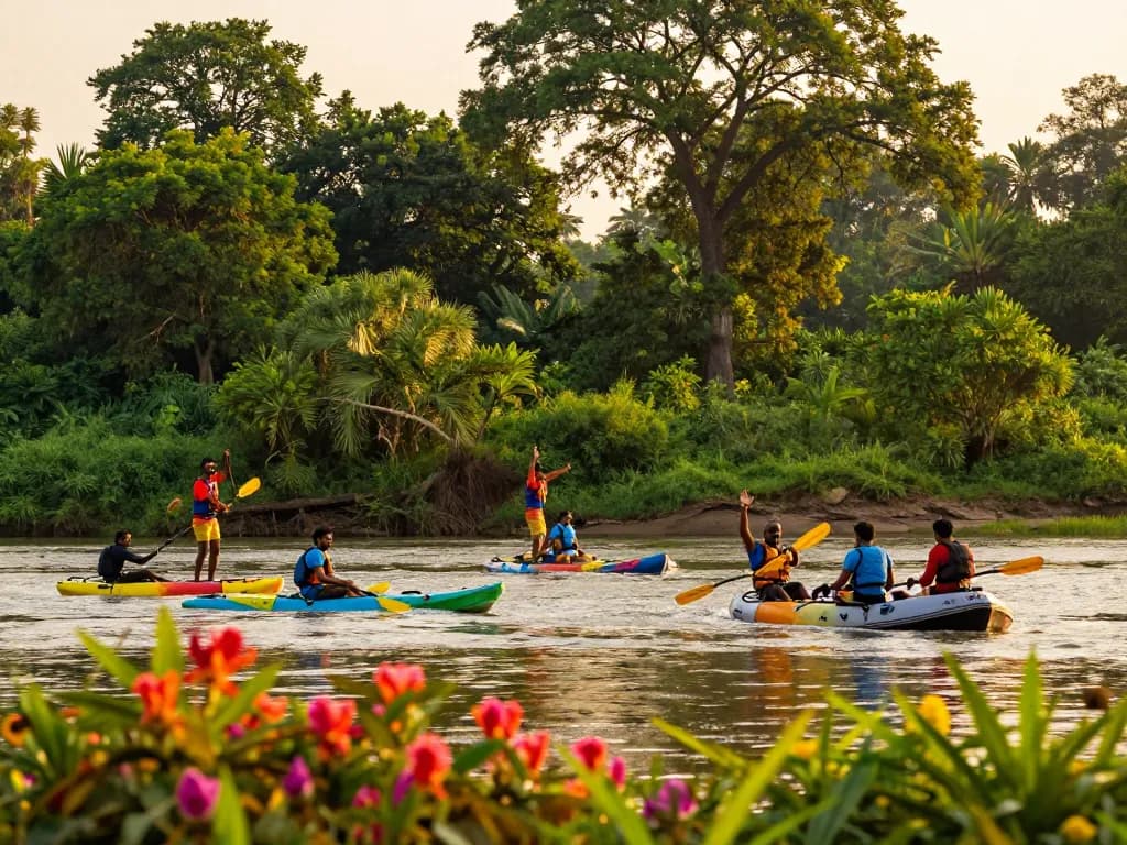 Dandeli resorts offering adventure activities like kayaking and river rafting amidst lush green jungle.