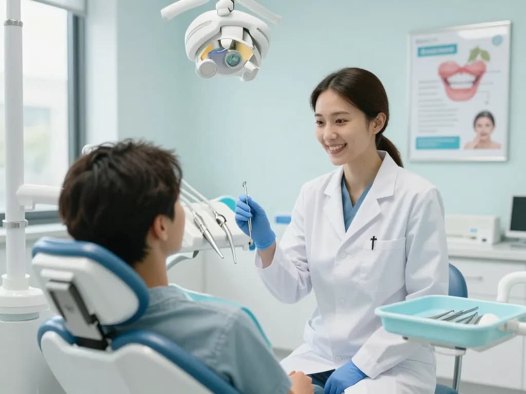 Dentist tips for oral health in a friendly dental clinic with a dentist and patient.