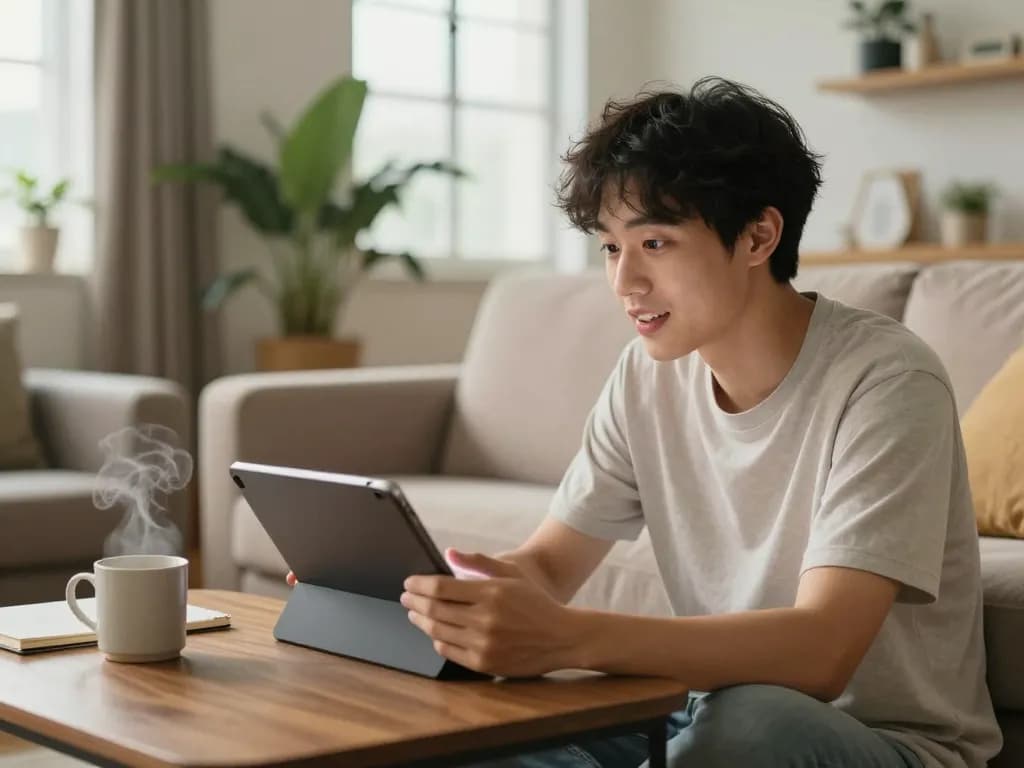Young man chatting with AI girlfriend on tablet in modern apartment showcasing engaging AI gf experience.