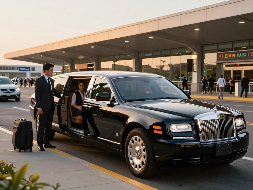Limo service to O’Hare from Naperville with elegant chauffeur and luxury vehicle at airport.