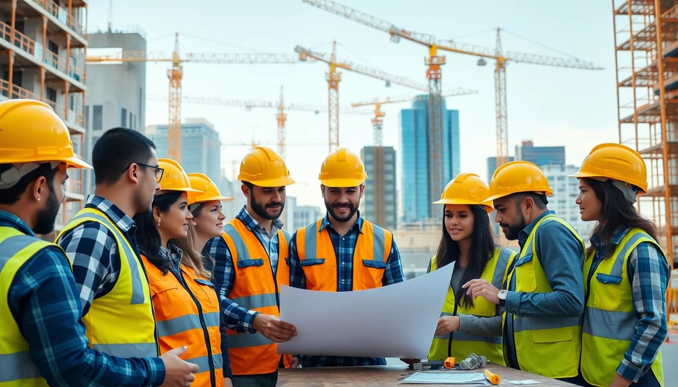 Construction association team working diligently on a building project in urban setting.