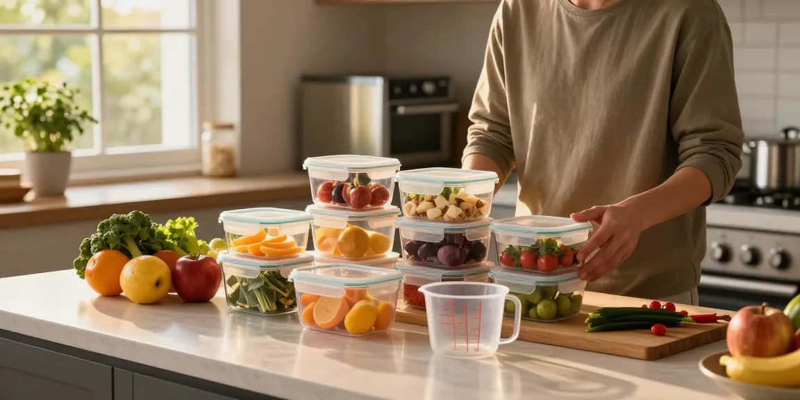 Organizing food storage containers with lids in a vibrant home kitchen for efficient meal prep.