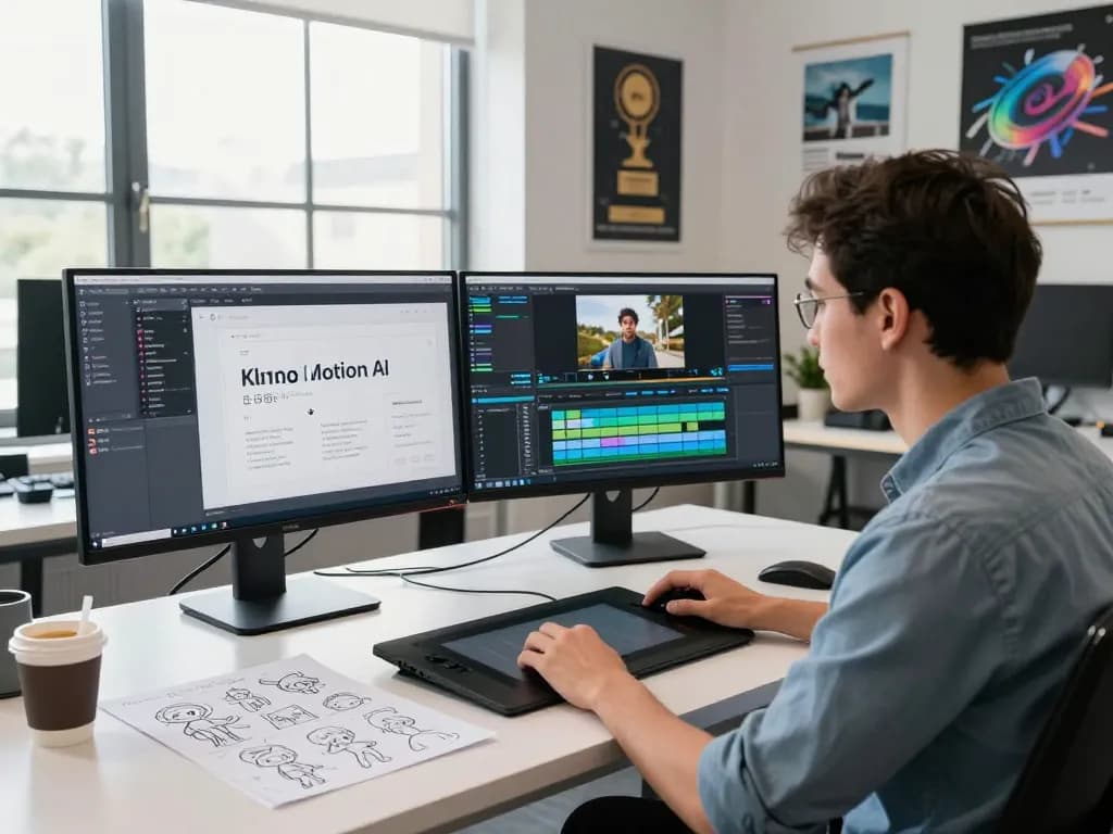 Developer using Kling motion ai in a modern tech workspace with dual screens, coffee, and character designs.