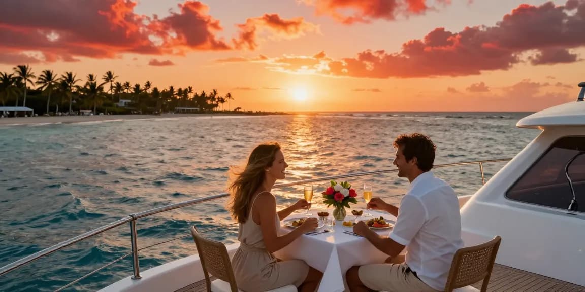 Private yacht charter in Punta Cana at sunset featuring a romantic dinner setup on deck, showcasing a luxurious experience.