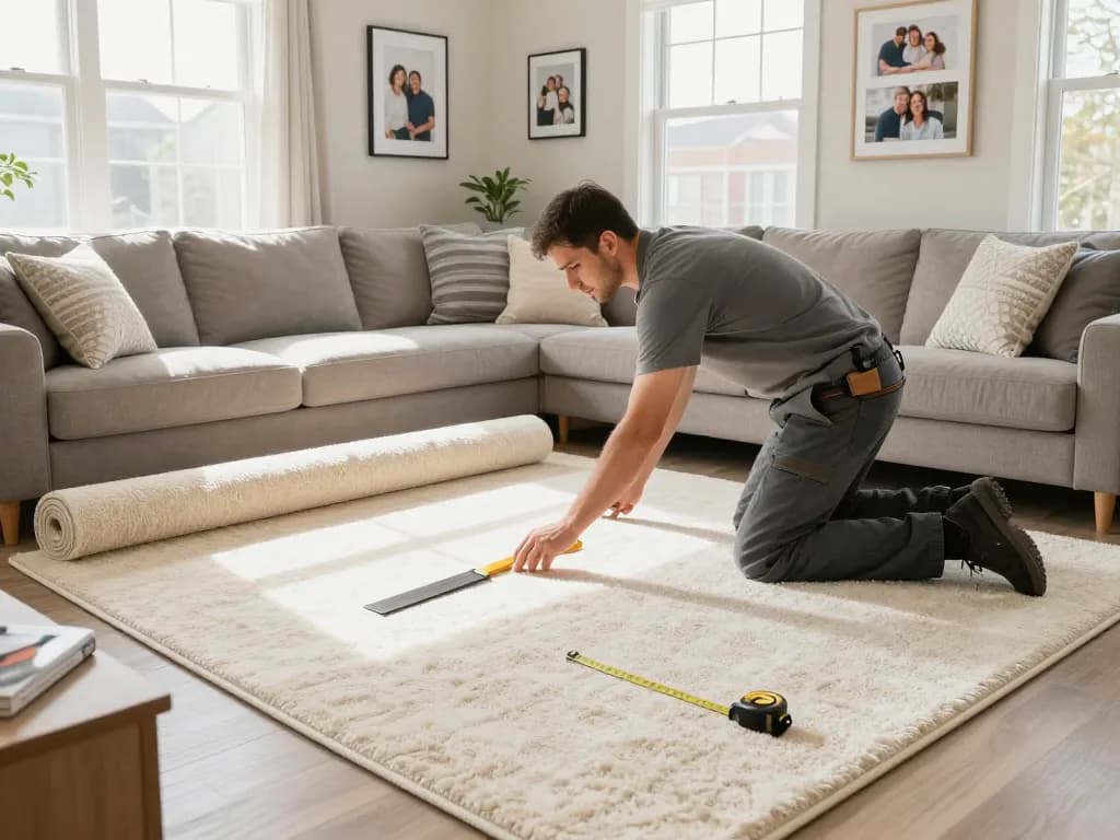 Residential carpet installation in a cozy living room with a professional installer laying down soft carpet.