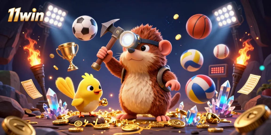 Join the treasure hunter mole and canary in the adventurous world of 11win's exciting sports betting.