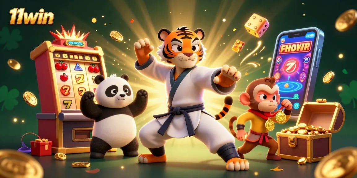 Win big with 11win as the kung fu tiger and friends celebrate among jackpots and casino games.