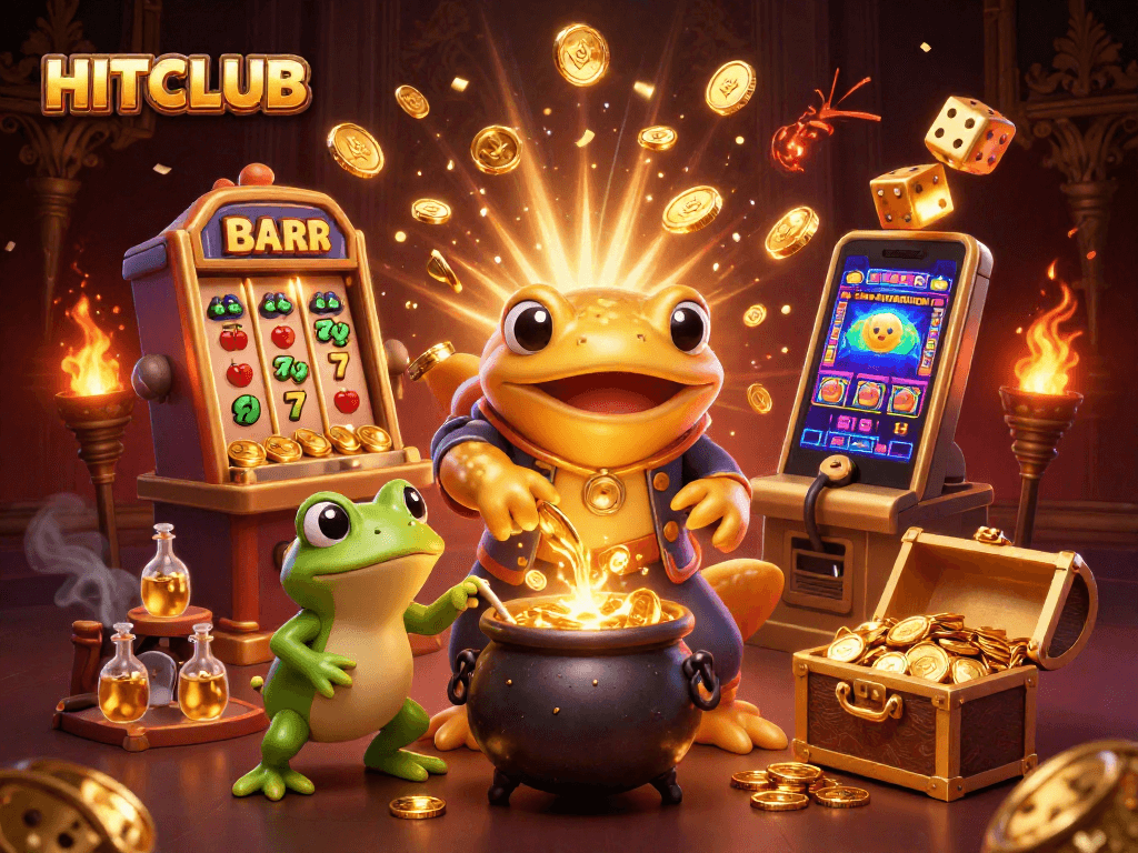 Engage with HITCLUB's thrilling casino games, featuring a vibrant 3D scene with golden elements.