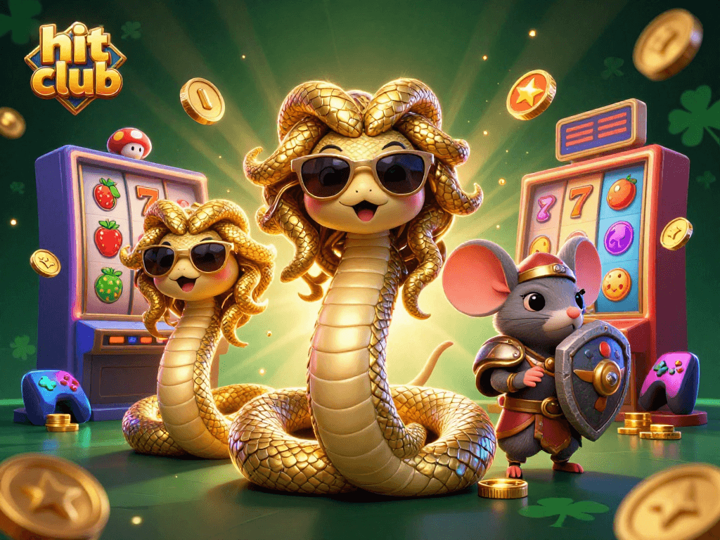 Engage with the hit club as the Medusa and warrior mouse enjoy vibrant casino slots in a vivid scene.