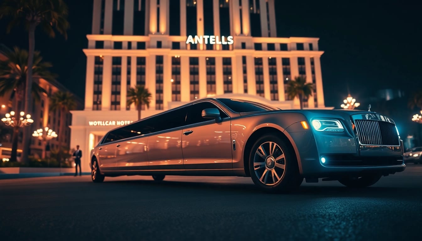 Elegant Hollywood Town Car and Limousine parked outside a luxury hotel in Los Angeles.