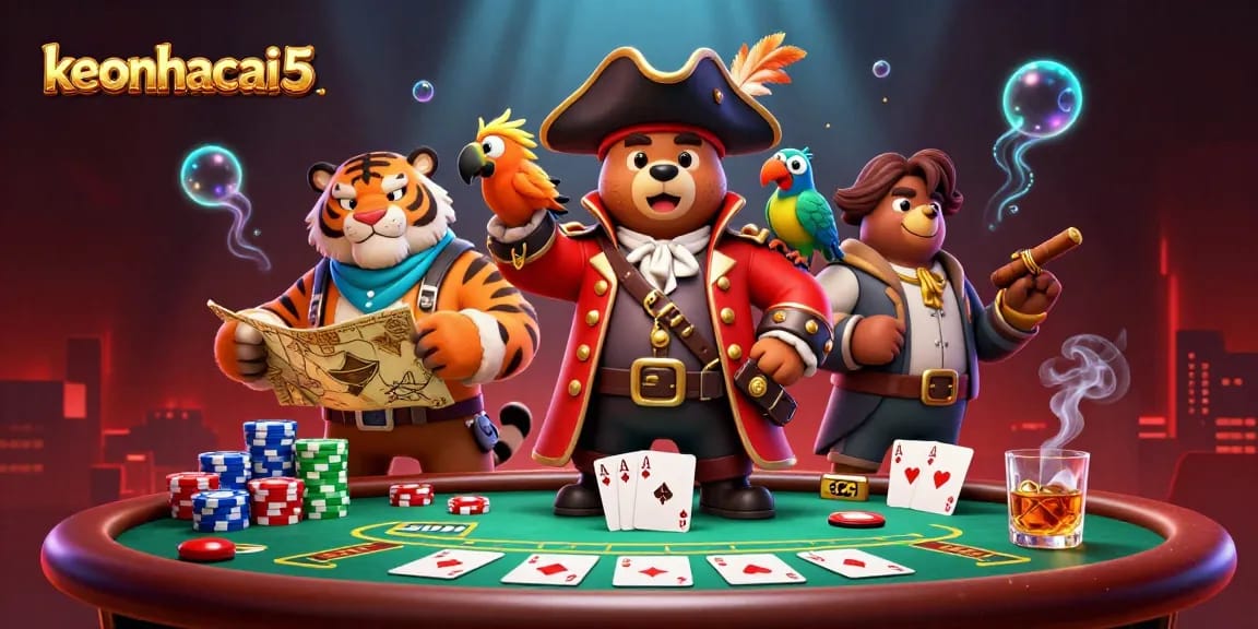 Engage in thrilling poker action with keonhacai5's cartoon pirate characters and vibrant casino elements.
