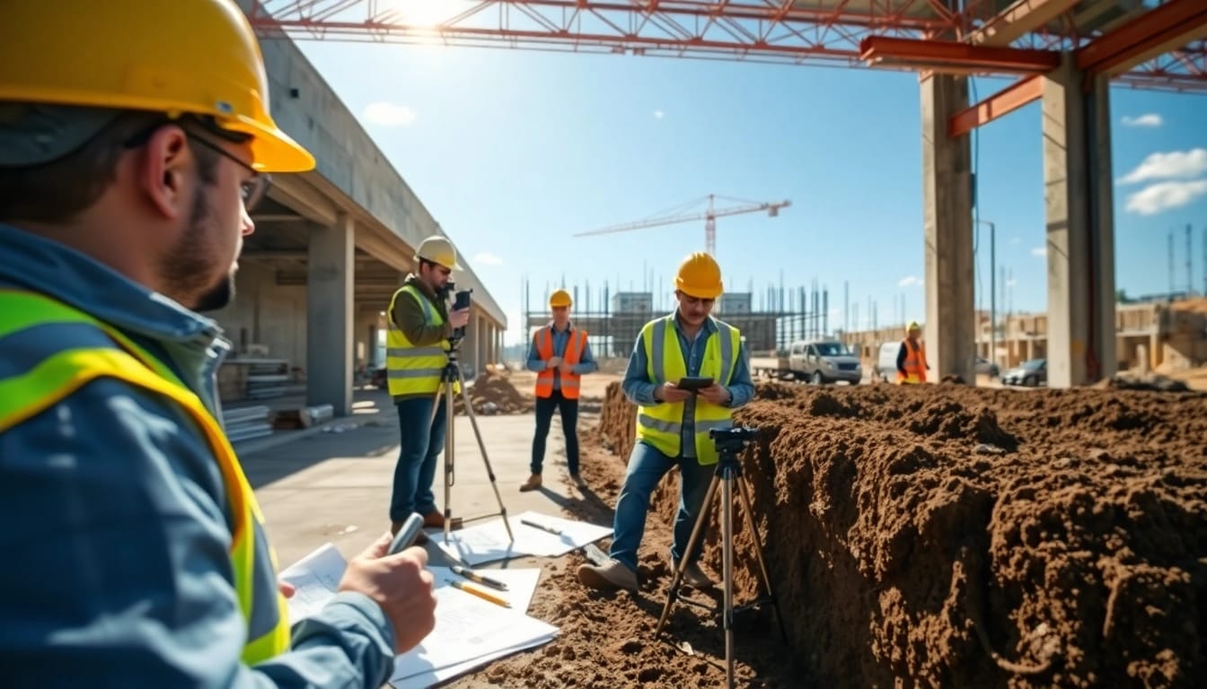 Engineers conducting construction assessment testing on a construction site with testing equipment.