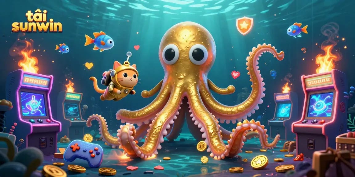 Engage in gaming adventures with tải sunwin, featuring a kraken and diving cat in a vibrant underwater world.