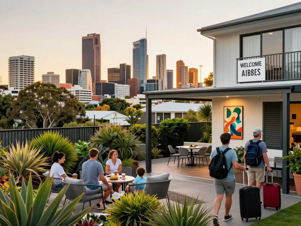 Airbnb management Perth showcased with a stylish rental property at sunset, welcoming guests in vibrant city life.