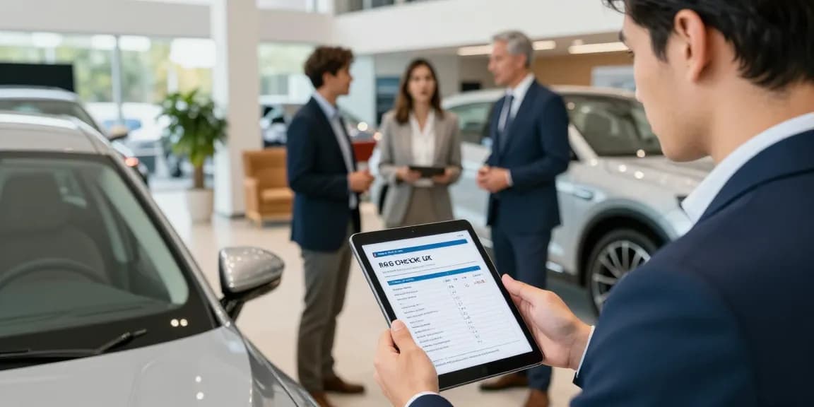 Buyer reviewing reg check UK report before car purchase.