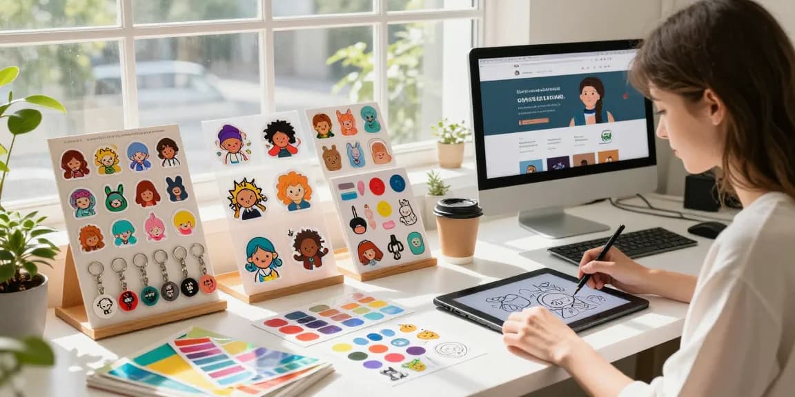 Custom stickers showcase vibrant designs in a creative workspace, inspiring personalization.