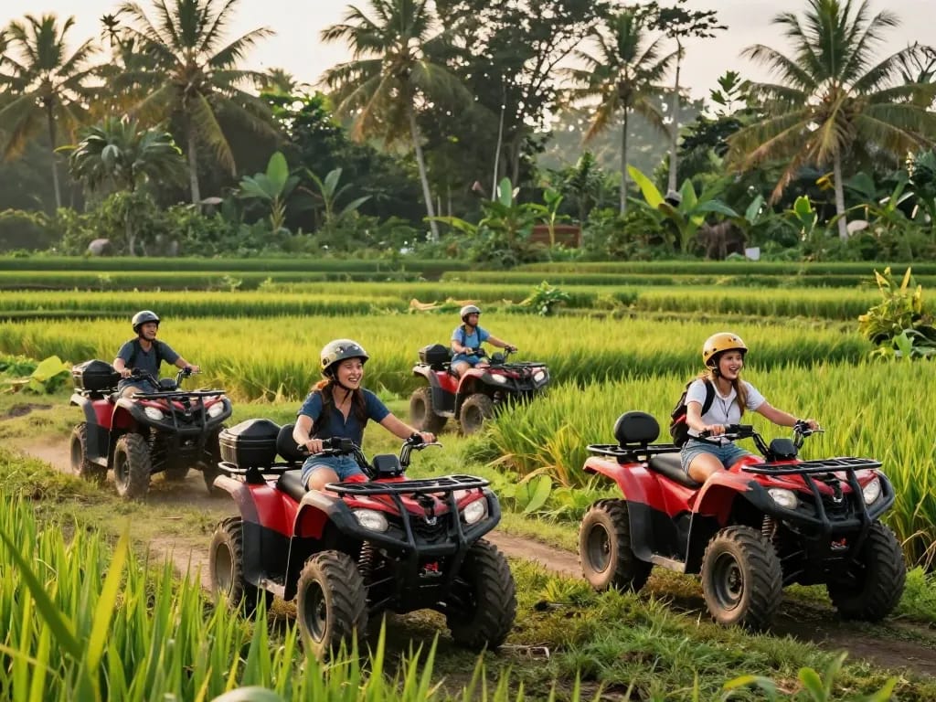 Find Bali tour packages showcasing adventurous travelers riding ATVs through lush rice fields and jungles in Bali.