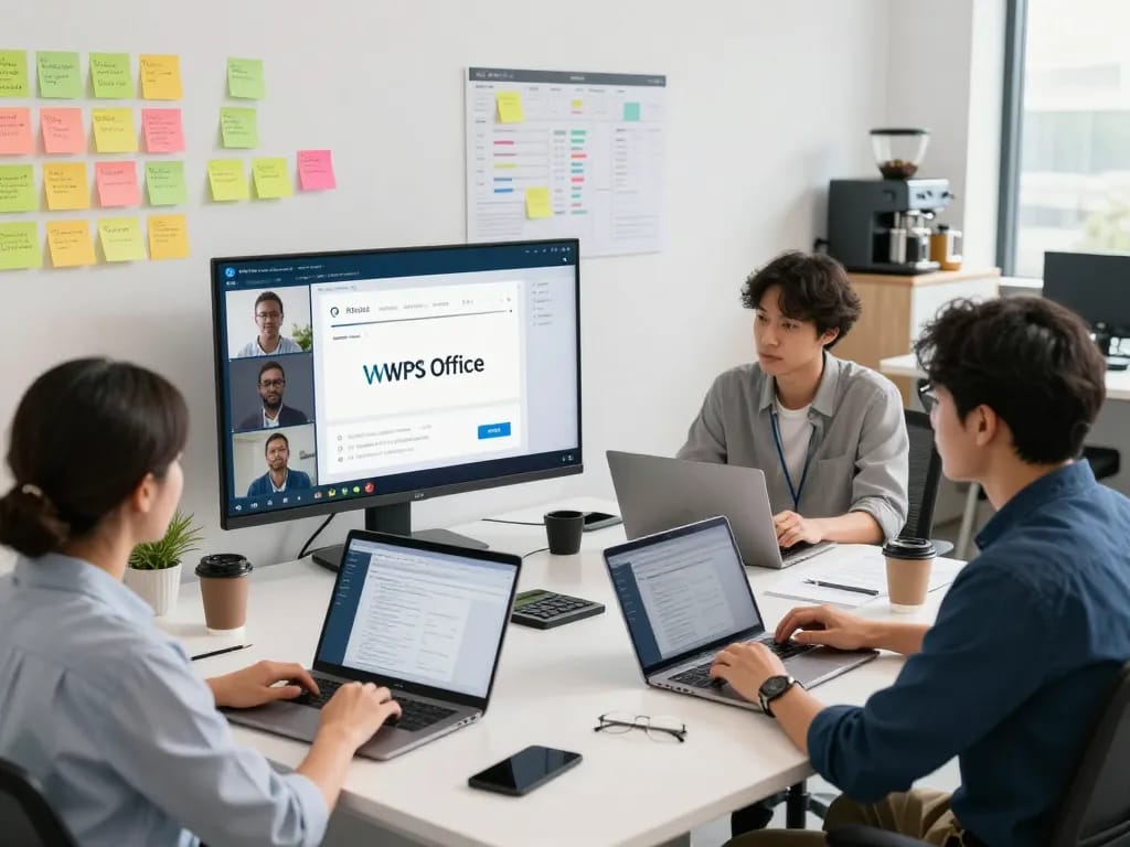Team collaborating using WPS官网 in a modern office setting, showcasing productivity and teamwork.
