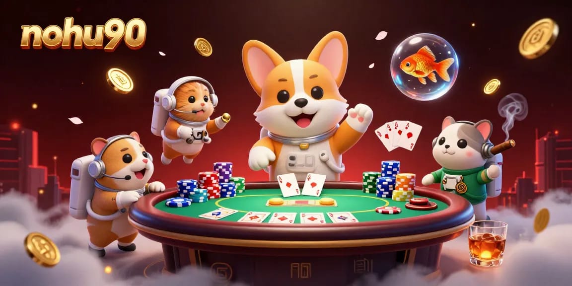 Experience thrilling gaming at nohu90 with a joyful astronaut corgi in a dynamic casino scene.