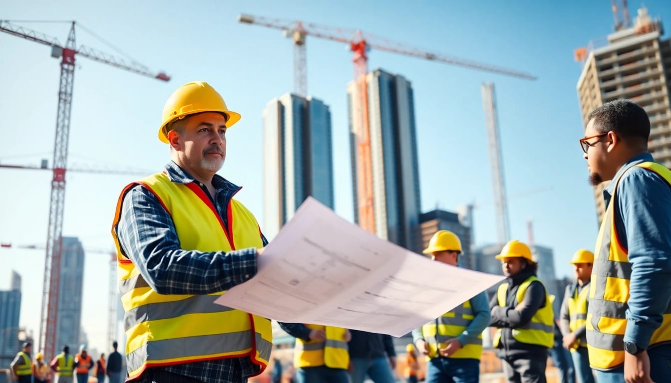 New York City Construction Manager coordinating a diverse team on a dynamic construction site.