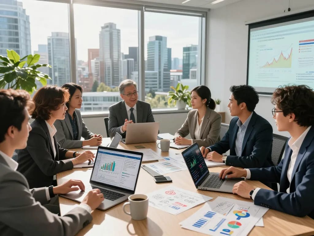 Professional meeting in a financial consulting office highlighting a global investment group collaborating on strategic insights.