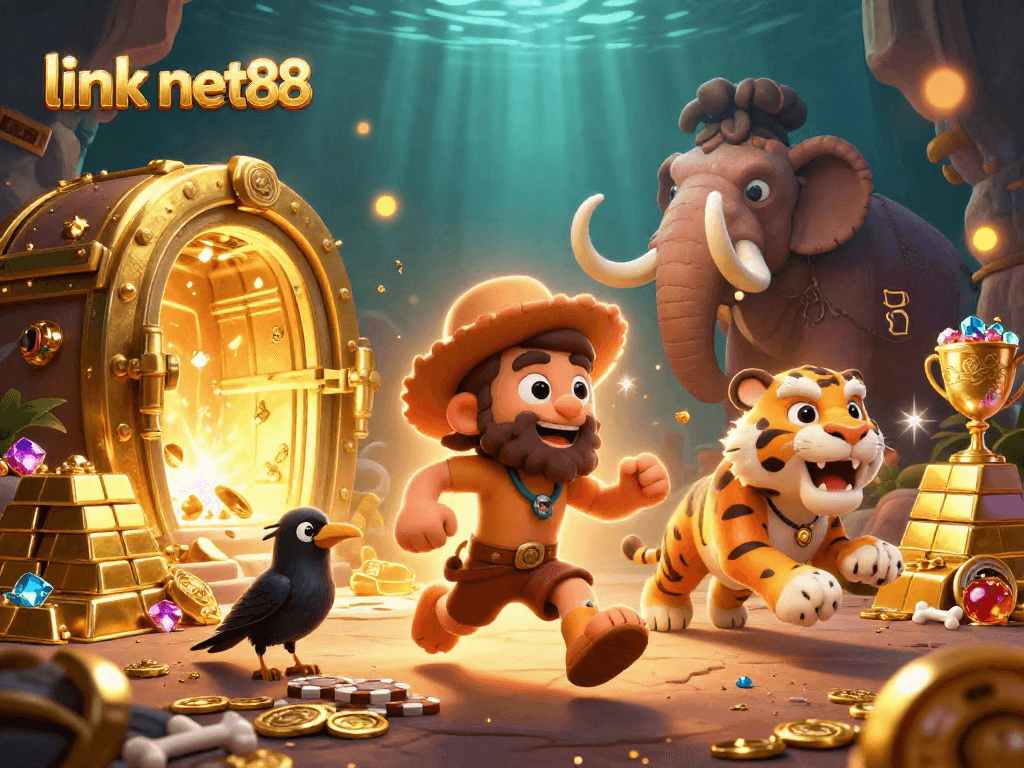 Engage with link net88 in this vibrant 3D casino scene featuring a caveman and tiger duo!