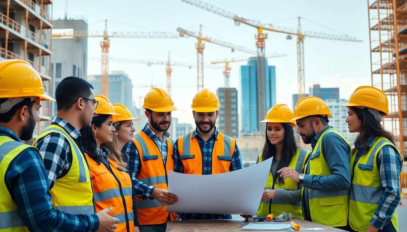 Construction association team working diligently on a building project in urban setting.
