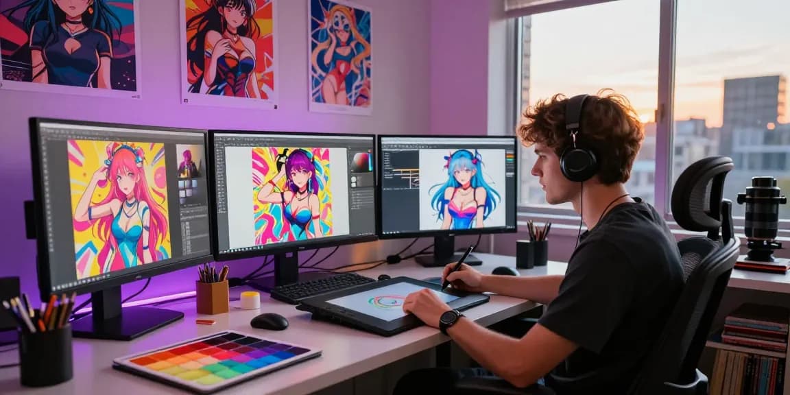 Creating stunning ai ecchi artwork in a vibrant digital art studio environment with warm light and lively character designs.