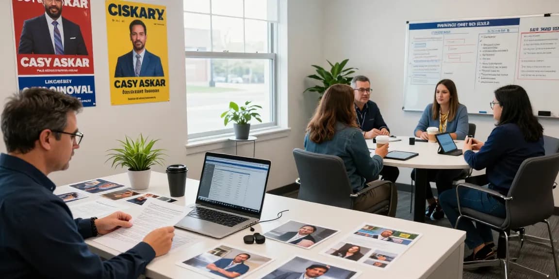 Casey Askar's political campaign team strategizing in a vibrant office space.