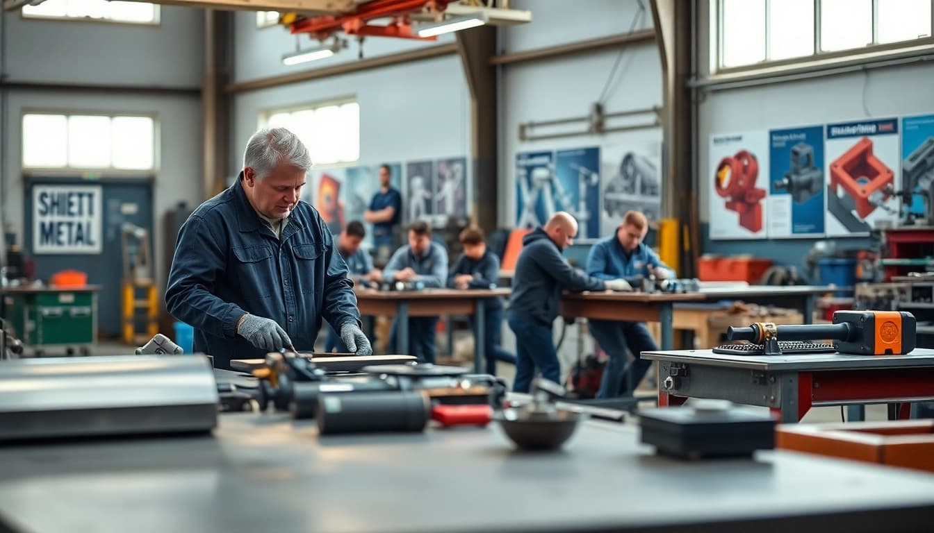 Students engaging in sheet metal training with hands-on tools and vibrant workshop backdrop.