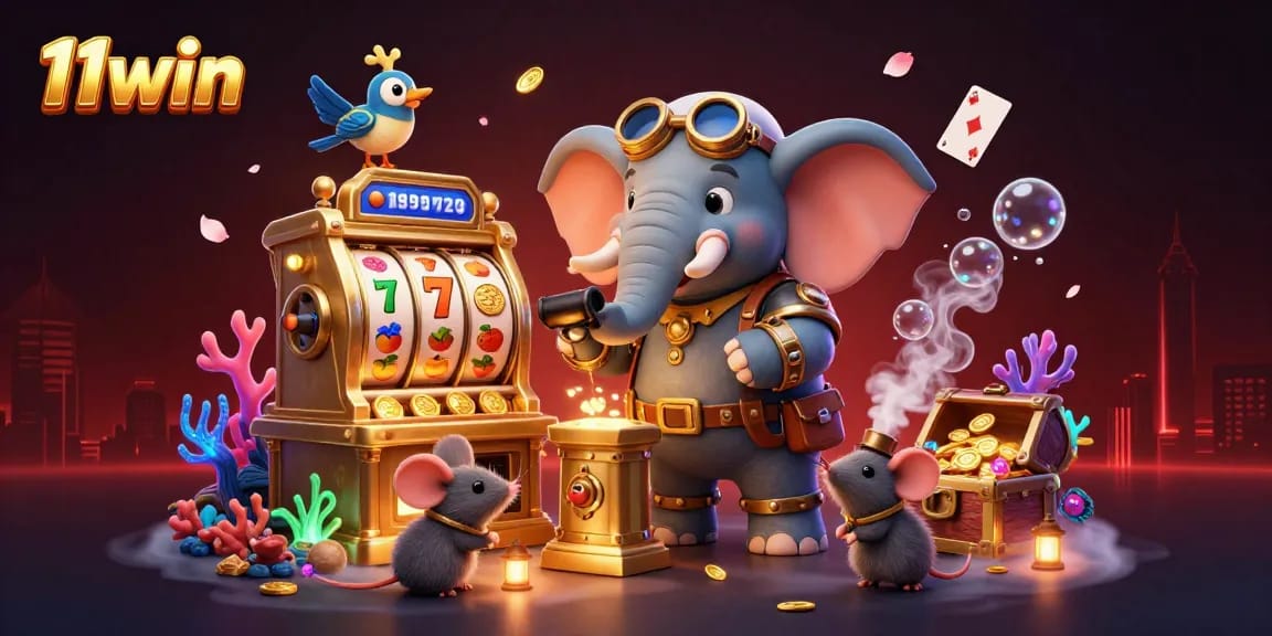 Engage in thrilling casino gameplay with 11win's steampunk adventure featuring slot machines, vibrant treasures, and mystical elements.