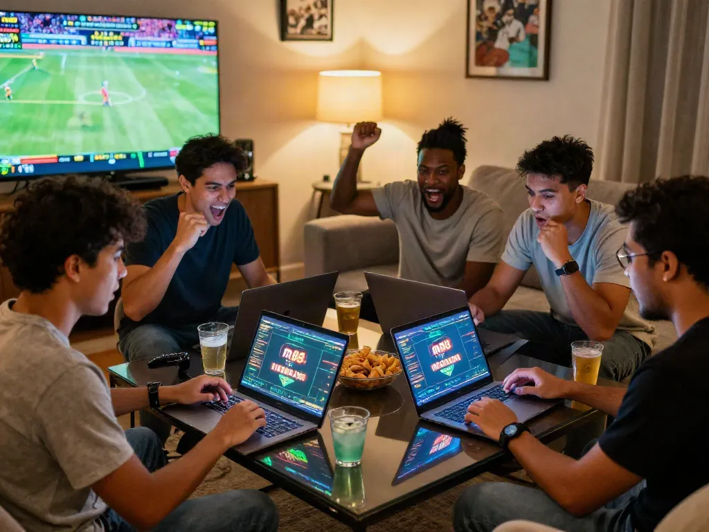 Engaged friends using m88.com login alternatif on laptops in a lively home setting with snacks and sports events in the background.