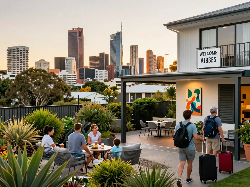Airbnb management Perth showcased with a stylish rental property at sunset, welcoming guests in vibrant city life.