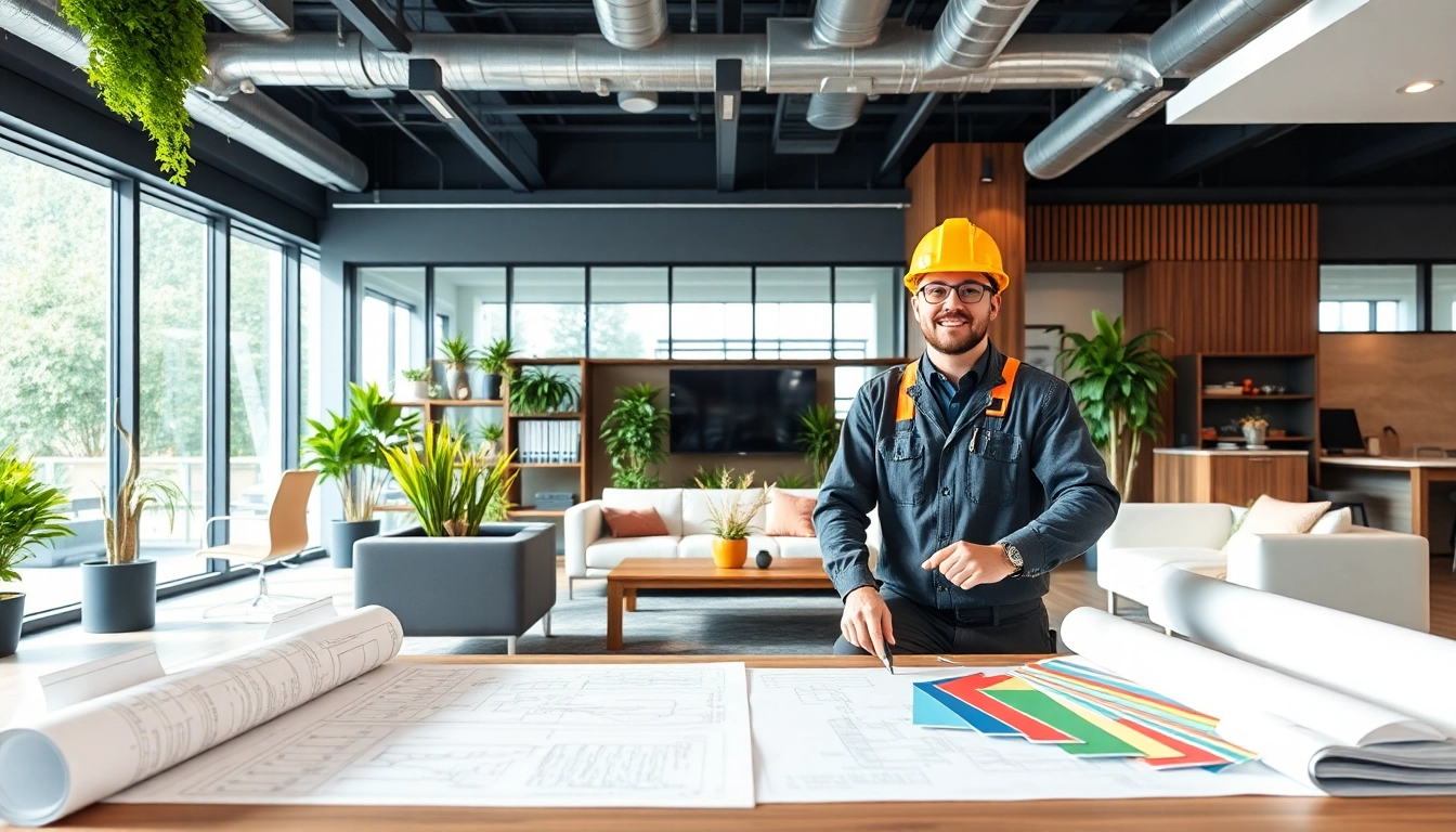 Office renovation contractor Austin in a stylish workspace highlighting modern design elements.