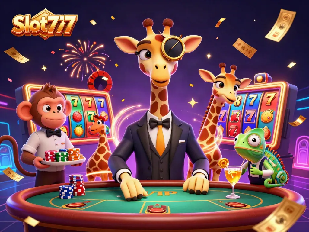 Menang di Slot777 dengan karakter kartun ceria dalam ilustrasi 3D, permainan slot berputar di sekitar mereka.