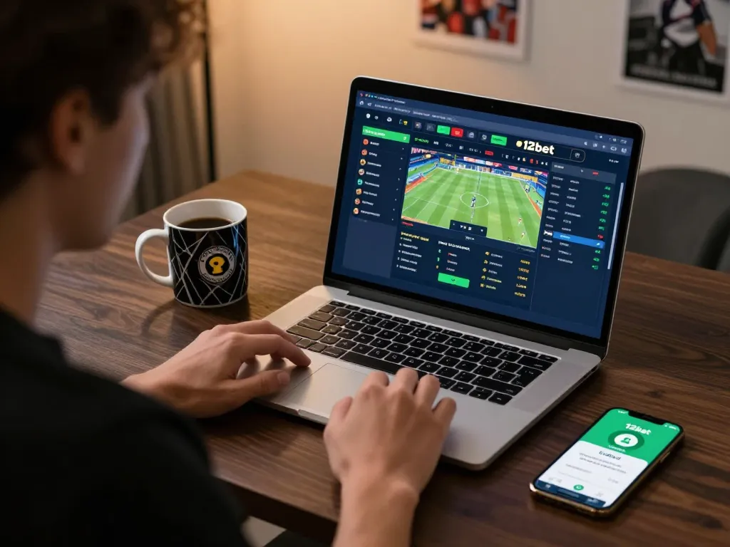 Tham gia chơi cá cược trực tuyến với giao diện 12bet trên một chiếc laptop tinh tế, nhấn mạnh việc đặt cược chiến lược