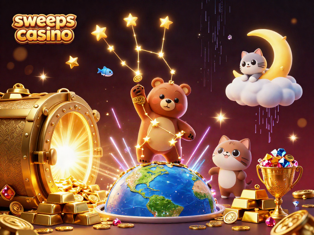 Experience the thrill of sweeps coins casino with a vibrant cosmic scene filled with treasures and playful characters.