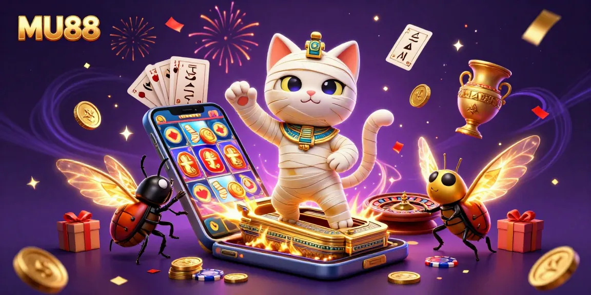 Experience the excitement of MU88 with a vibrant casino scene featuring a mummy cat and glowing scarab.