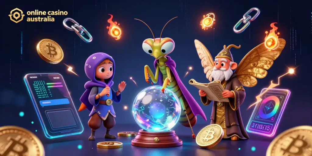 Engaging scene depicting a mystical fortune teller and librarian in an online casino australia context.