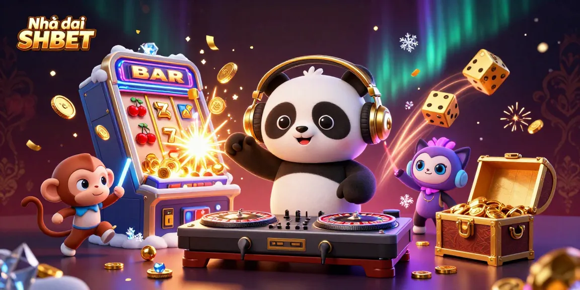 Join the fun with Nhà cái SHBET, featuring a DJ panda, dancing monkey, and glowing kitten in a vibrant casino scene.