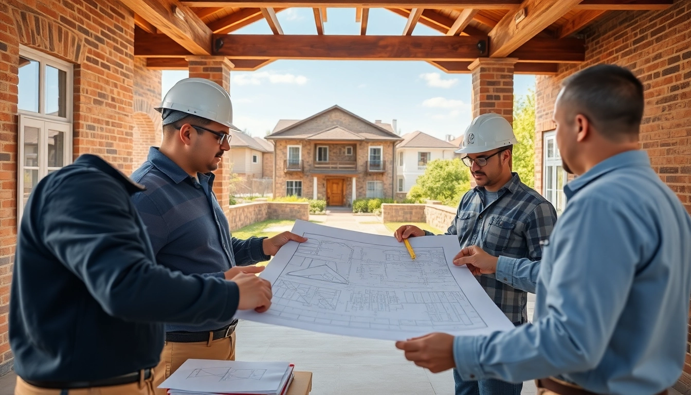 Experience colonial home construction with architects collaborating over blueprints in a vibrant neighborhood.
