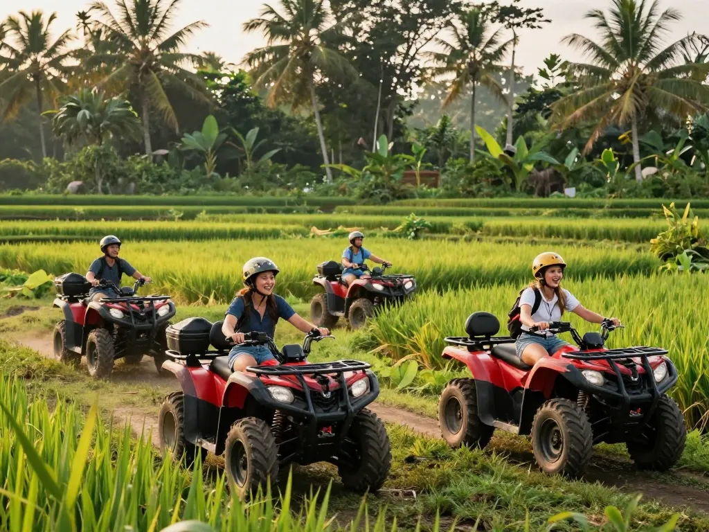 Find Bali tour packages showcasing adventurous travelers riding ATVs through lush rice fields and jungles in Bali.