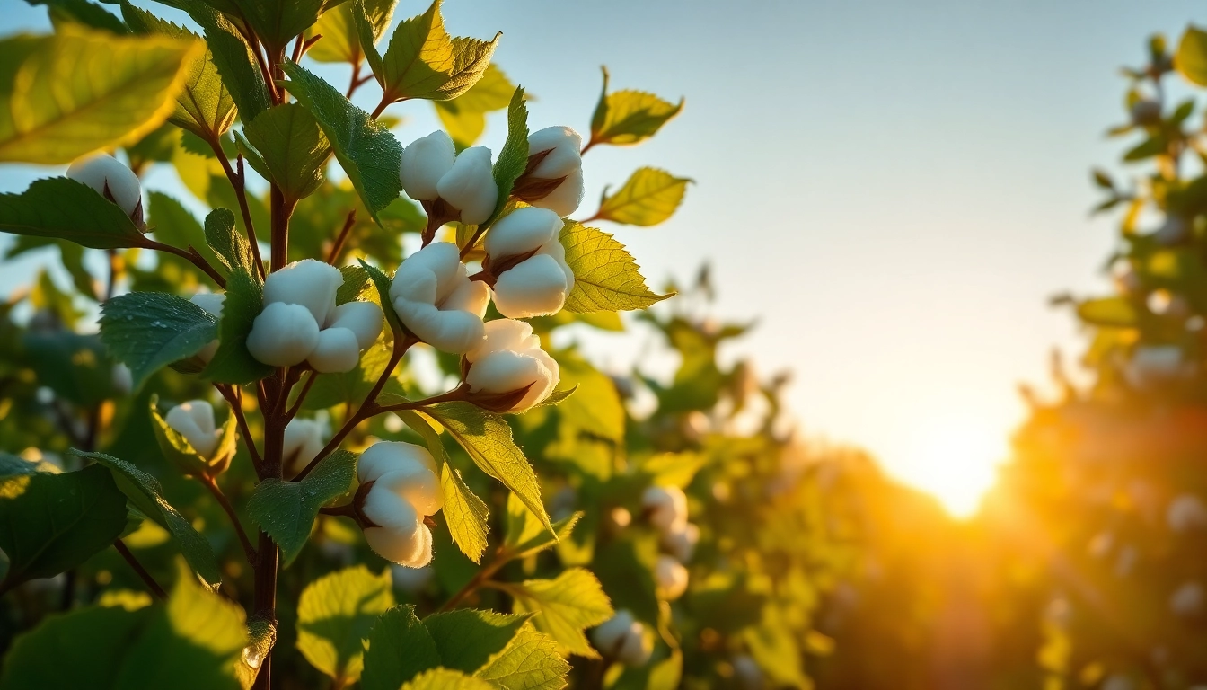 Katoenplanten met glinsterende dauwdruppels in een groene veld bij zonsopgang.
